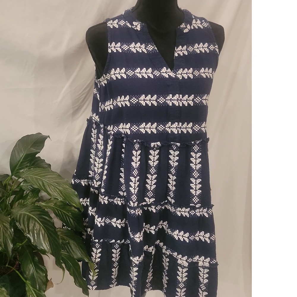 Mud Pie Navy Blue White Embroidered Tiered Sleeveless V-Neck Mini Dress Womens S